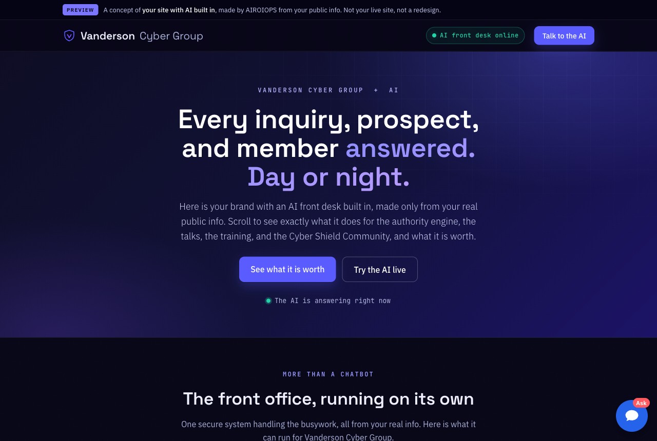 An AIROIOPS preview built for a local business from its public info